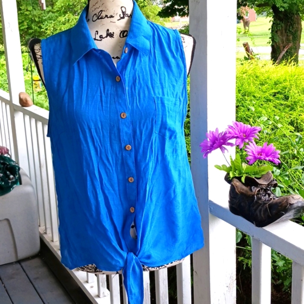 E M Button Collared Sleeveless Top Tie Drop Waist Large